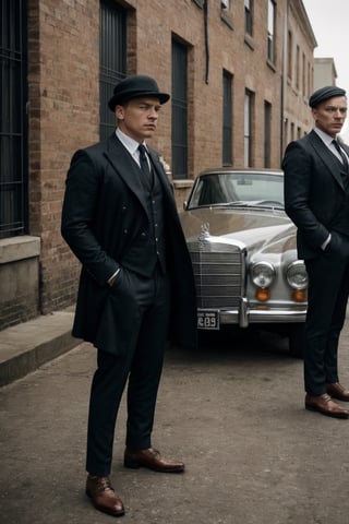 In a dimly lit alley, an opulent vintage Mercedes stands as a backdrop, emanating an aura of class and mystique. Three impeccably dressed men, epitomizing the essence of the Peaky Blinders era, stand in a row. The man at the forefront, sporting a sharp tailored suit and a sleek flat cap tilted at just the right angle, exudes confidence. His stern gaze and hardened features define his fierce and cunning nature. He leans on the car, emanating an air of authority. Beside him stands another man, equally dapper in his attire, his coat buttoned and a gold pocket watch dangling from a chain. His face carries a sense of stoicism, revealing a history of challenges and triumphs. His eyes, sharp and calculating, hint at a keen intellect. The third man, slightly in the background but still noticeable, is impeccably dressed as well. His attire, a blend of vintage fashion and modern flair, showcases his rebellious spirit. A carefully groomed beard and intense, piercing eyes complete his rugged yet refined look. In the midst of this charismatic trio, two fierce bulldogs stand guard, exuding a sense of loyalty and ferocity. Their determined expressions and muscular stature reinforce the aura of strength and power surrounding the men. The combination of the vintage Mercedes, the iconic fashion, and the fierce bulldogs perfectly encapsulates the essence of the Peaky Blinders era, creating an image that is both timeless and captivating ,PinchingPOV,SD 1.5,base model