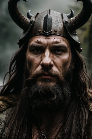 A close-up shot of a fierce Viking King, covered in dripping wet black mud, wearing a dark metal helmet with imposing black horns. His dark warpaint and scruffy black beard emphasize his angry expression, while a scar on his face tells a story of battles fought. The scene is bathed in cinematic lighting with dramatic volumetric rays, creating a moody and intense atmosphere. The Viking King grips his menacing Viking Axe
