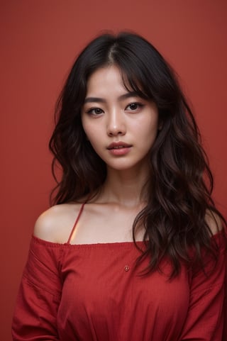 raw photo, photograph, intricate, photo of beautiful korean woman, wavy hair, skin texture, pores, in red background, cinematic LUT
,realistic