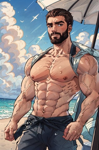 Highly detailed, High Quality, Masterpiece, beautiful, DrakePostingMeme, , 1boy, upper body, gigachad, in the beach,LightningPunkAI anime zoomed ,gigachad,paper_cut,xjrex colorful ultra realistic ,pixel_art,xjrex , muscular body
