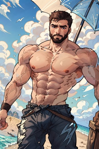 Highly detailed, High Quality, Masterpiece, beautiful, DrakePostingMeme, , 1boy, upper body, gigachad, in the beach,LightningPunkAI anime zoomed ,gigachad,paper_cut,xjrex colorful ultra realistic ,pixel_art,xjrex , muscular body
