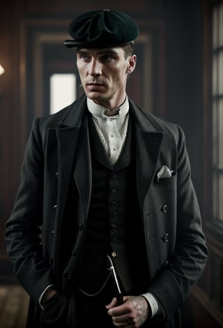 color photo of Thomas Shelby, the charismatic and ruthless leader of the Peaky Blinders 