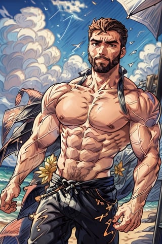 Highly detailed, High Quality, Masterpiece, beautiful, DrakePostingMeme, , 1boy, upper body, gigachad, in the beach,LightningPunkAI anime zoomed ,gigachad,paper_cut,xjrex colorful ultra realistic ,pixel_art,xjrex , muscular body
