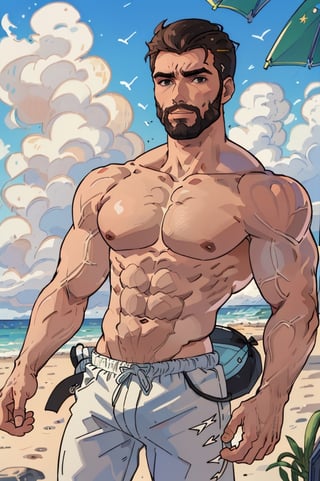 Highly detailed, High Quality, Masterpiece, beautiful, DrakePostingMeme, , 1boy, upper body, gigachad, in the beach,LightningPunkAI anime zoomed ,gigachad,paper_cut,xjrex colorful ultra realistic ,pixel_art,xjrex , muscular body
