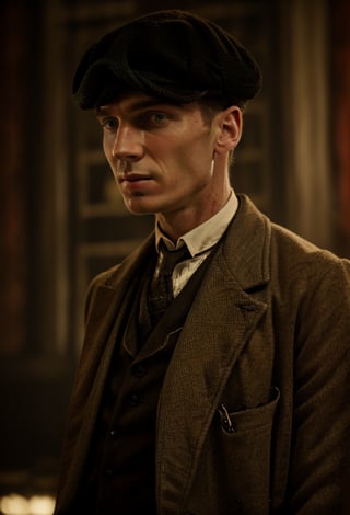 color photo of Thomas Shelby, the charismatic and ruthless leader of the Peaky Blinders 