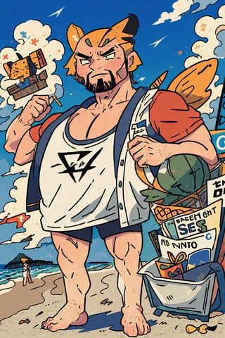 Highly detailed, High Quality, Masterpiece, beautiful, DrakePostingMeme, , 1boy, upper body, gigachad, in the beach,LightningPunkAI anime zoomed ,gigachad,paper_cut,xjrex colorful ultra realistic ,pixel_art,xjrex , muscular body
