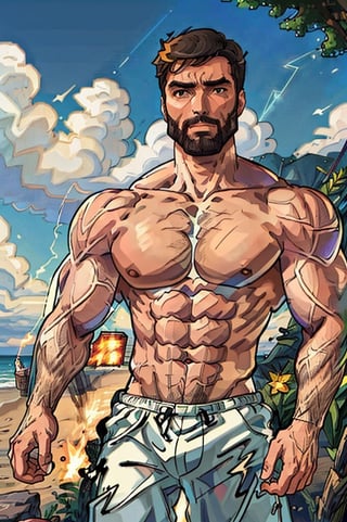 Highly detailed, High Quality, Masterpiece, beautiful, DrakePostingMeme, , 1boy, upper body, gigachad, in the beach,LightningPunkAI anime zoomed ,gigachad,paper_cut,xjrex colorful ultra realistic ,pixel_art,xjrex , muscular body
