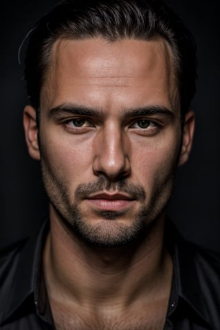 high quality, face portrait photo of 30 y.o european man, wearing black shirt, serious face, detailed face, skin pores, cinematic shot, dramatic lighting,SD 1.5