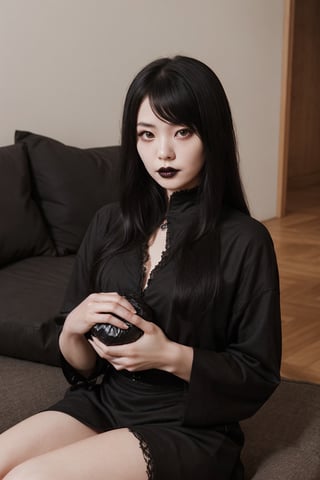 Korean sister, (goth:1.3),pale skin, knealing, brooding, (holding) lump of coal, livingroom,realhands,black cats,four_fingers,satanic,realistic