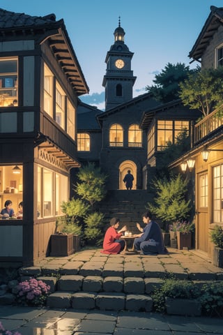 a picturesque village or ancient city at dawn. The first light of day illuminates the stone facades and worn tiles of the houses and buildings, some of which date back centuries. At the center of the scene, a cobblestone square leads to an open-air market that begins to come to life, with vendors setting up their stalls selling fruits, vegetables, flowers and local crafts. The narrow, winding streets are lined with old lanterns, now unlit, while lazy cats lounge on the stone steps. In one corner, an ancient fountain, adorned with weathered carvings, murmurs softly, adding to the tranquil atmosphere. In the background, the towers of an ancient cathedral rise, capturing the first rays of sunlight that paint the sky in soft pinks and oranges. This image should convey a sense of tranquility, beauty and a deep connection to the past, celebrating the rich history and timeless charm of the ancient village or town,TreeAIv2,Studio Ghibli,LOFI