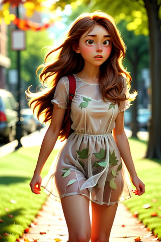 A 18-year-old girl, with chestnut long hair, wearing a cute transparent short dress, strong wind, visible panties, sexy, brown shoes, and carrying a red backpack, is taking a walk in the park. Sunlight filters through the leaves, casting dappled shadows on the ground, presented in the style of Pixar animation, back view, botton view