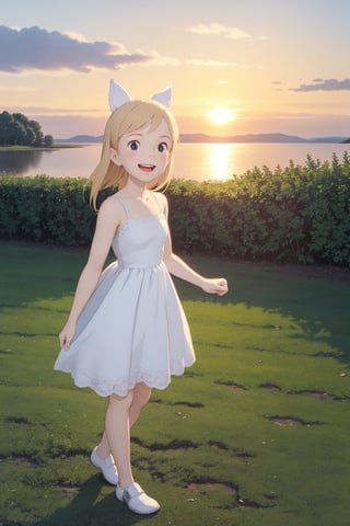 score_9, score_8_up, score_7_up, source_real, pretty young girl, tiny,  long blond_hair, wearing a cute light white dress, a little reaveling, happy, visibly_happy, at the park, sunset, full_body, 