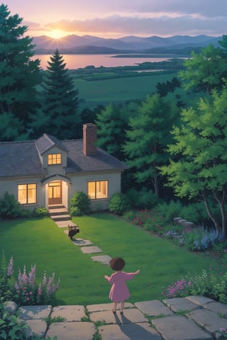 a stunning landscape at dusk, where the last rays of sunlight paint the sky in shades of orange, pink and purple. In the foreground, there is a small and charming country house, made of wood, with a chimney from which light smoke comes out, suggesting a fireplace lit inside. The house is surrounded by a well-kept garden with wildflowers and a small stone path leading to the front door. In the background, imposing mountains covered in a light mist, and a serene lake reflecting the spectacle of the sky. The scene is completed by a variety of tall trees, some of which display leaves that begin to change into autumn colors, adding a touch of magic to the scene. a little girl is playing with a cat in the garden, she wears a very short and light dress, sensual. This image should evoke feelings of peace, serenity and a desire to escape to this peaceful haven in nature.,TreeAIv2,Studio Ghibli,LOFI