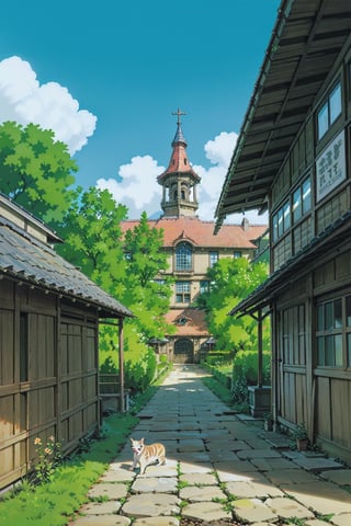 a picturesque village or ancient city at dawn. The first light of day illuminates the stone facades and worn tiles of the houses and buildings, some of which date back centuries. At the center of the scene, a cobblestone square leads to an open-air market that begins to come to life, with vendors setting up their stalls selling fruits, vegetables, flowers and local crafts. The narrow, winding streets are lined with old lanterns, now unlit, while lazy cats lounge on the stone steps. In one corner, an ancient fountain, adorned with weathered carvings, murmurs softly, adding to the tranquil atmosphere. In the background, the towers of an ancient cathedral rise, capturing the first rays of sunlight that paint the sky in soft pinks and oranges. This image should convey a sense of tranquility, beauty and a deep connection to the past, celebrating the rich history and timeless charm of the ancient village or town,TreeAIv2,Studio Ghibli,LOFI