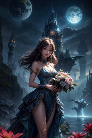 A vibrant young girl, radiating charm, holds a bouquet of vivid flowers while standing in an enchanting landscape reminiscent of Wonderland. In the backdrop, a futuristic alien city towers into the sky, bathed in a mystical blue glow. With a radiant smile and open arms, the girl seems to invite the extraterrestrial guests, presenting her own corner of magic in this fantastical sci-fi realm.