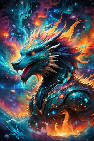 Mystical dragons use the art of cosmic fire to explore the deep realms of their imagination, unraveling the intricate spheres of artistic expression. In this realm, art intertwines with draconic power, offering a glimpse of the fusion between creativity and ancient power. Now, imagine a celestial canvas where cosmic flames dance with stars, orchestrating symphonies of light and form. In this mythical setting, patterns emerge from the constellations, weaving tales of emotion and draconic wisdom. From the dragons' point of view, the art of cosmic fire becomes a means to understand the complexities of draconic thought and creativity, where flames decode the nuances of artistic vision, revealing the underlying patterns that shape our perception of the universe., 3D SINGLE TEXT,realistic,shards,cyborg style,Cyberpunk