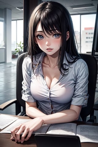 woman 36 years old, head with a bloody bullet wound in the temple, white_blouse, blond_hair, head lies on the desk, eyes wide open, basic_background single office,1 girl