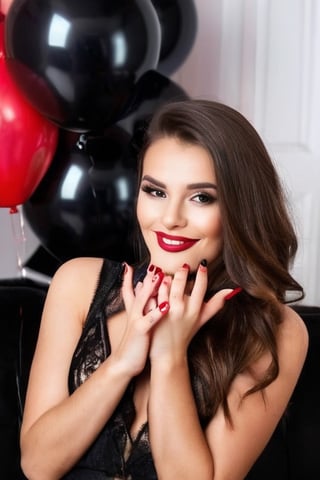 Beautyful Girl celebrating birthday, Red Finger nails, wearing black dessous, background living room, Balloons
