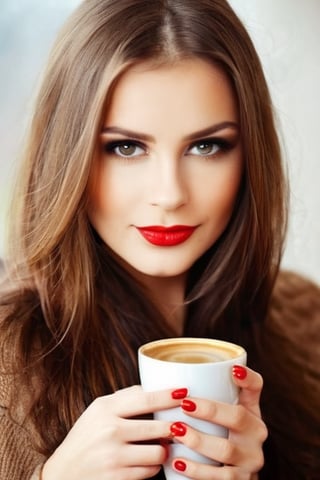 Beautyful Girl with a cup of Coffee in her hand, Red Finger nails