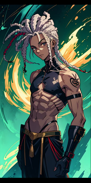 sticker of an android ,Young, early 20s, Black male anime character,japanese_clothing ,detailed, dreads, white_dreads, covered ,violet_eyes,dark skinned, scars, black_skin, metal arm,posture is upright and confident,  full body, freedom, soul, digital illustration, comic style, cyberpunk, perfect anatomy, centered, approaching perfection, dynamic, highly detailed, watercolor painting, artstation,phSaber,phAltoria
