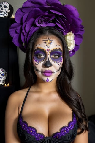 instagram photo, closeup face photo of 18 y.o Latina, traditional black mexican dress, embroidered flowers, Gigantic boobs, cleavage, pale skin, (smile:0.4), hard shadows, blue eyes, dark atmosphere, candle light, purple embroidered tunic on the head, (((Dia de Muertos makeup))), celebrating the dia de muertos,looking at the viewer, discreet smile, holding a candle