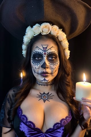 instagram photo, closeup face photo of 16 y.o Latina in nude, Gigantic boobs, cleavage, pale skin, (smile:0.4), hard shadows, blue eyes, dark atmosphere, candle light, purple embroidered tunic on the head, (((Dia de Muertos makeup)))