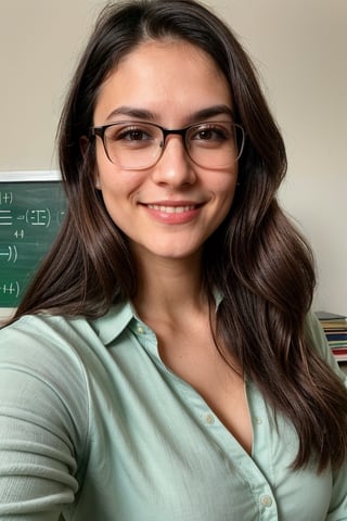 Professor Reyes: 27yo. A mathematics teacher, with brown hair and green eyes. attractive, well contoured body, wears glasses. She is quiet and reserved, but has a great sense of humor and is very approachable to her students. She often organizes tutoring sessions for dorm students who need extra help with their courses.,gilr