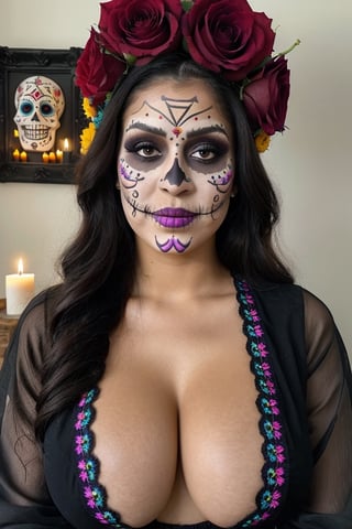 instagram photo, closeup face photo of 18 y.o Latina, traditional black mexican dress, embroidered flowers, Gigantic boobs, cleavage, pale skin, (smile:0.4), hard shadows, blue eyes, dark atmosphere, candle light, purple embroidered tunic on the head, (((Dia de Muertos makeup))), celebrating the dia de muertos,looking at the viewer, discreet smile, holding a candle