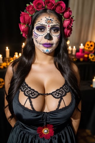 instagram photo, closeup face photo of 18 y.o Latina, traditional black mexican dress, embroidered flowers, Gigantic boobs, cleavage, pale skin, (smile:0.4), hard shadows, blue eyes, dark atmosphere, candle light, purple embroidered tunic on the head, (((Dia de Muertos makeup))), celebrating the dia de muertos,looking at the viewer, discreet smile, holding a candle