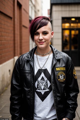 Charlotte Mitchell, 22 years old, Shaved head with small bangs, defiant look and rebellious smile. He wears a black Harrington jacket, a t-shirt with the logo of his favorite band, tight jeans, and Dr. Martens boots. She sports several metal necklaces, a fabric bracelet with the Skinhead movement logo, and a piercing in her nose. Adventurer, punk rock lover and defender of the working class. He enjoys going to concerts, singing loudly, and participating in left-wing political activities.,big boobs