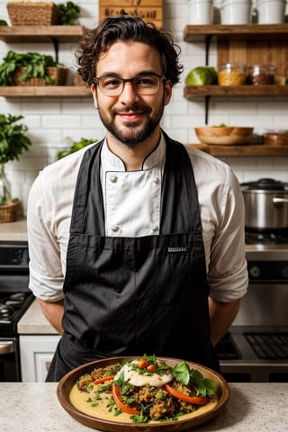 Liam is a 35-year-old vegetarian who works as a chef in a vegan restaurant. He has short, curly hair, a well-groomed beard, and wears black-framed glasses. His style of dress is professional and elegant, with linen shirts and dress pants. Liam is passionate about vegetarian and vegan cooking, and takes pride in creating delicious, nutritious dishes that demonstrate the endless possibilities of plant-based cooking. In addition to her work at the restaurant, she also teaches vegan cooking classes and collaborates with local charities to promote healthier, more sustainable eating in the community.