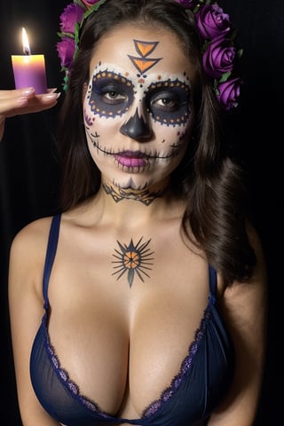 instagram photo, closeup face photo of 16 y.o Latina in nude, Gigantic boobs, cleavage, pale skin, (smile:0.4), hard shadows, blue eyes, dark atmosphere, candle light, purple embroidered tunic on the head, (((Dia de Muertos makeup)))