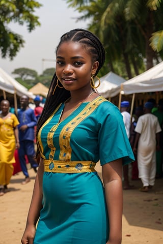 "a beautiful 16-year-old Yoruba girl in vibrant traditional clothing during a cultural festival in Nigeria. Set against a background of lush green landscapes with traditional Yoruba architecture and a bustling market."