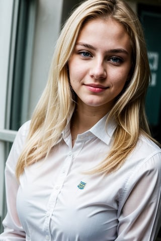Sofia: 18yo, A business student, with blonde hair and blue eyes. She is ambitious and determined, but can also be cold and manipulative. She has trouble trusting others and can be very competitive. The protagonist is attracted to her confidence and determination, but also realizes that she can be difficult to get along with.,ffc selfie