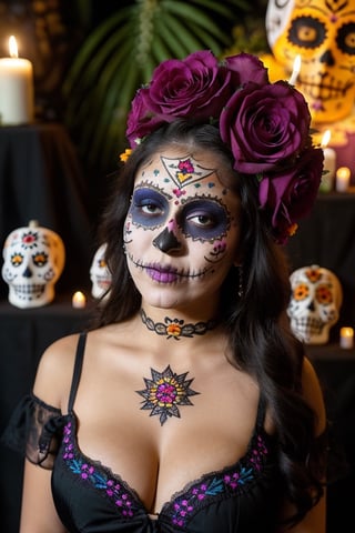 instagram photo, closeup face photo of 18 y.o Latina, traditional black mexican dress, embroidered flowers, Gigantic boobs, cleavage, pale skin, (smile:0.4), hard shadows, blue eyes, dark atmosphere, candle light, purple embroidered tunic on the head, (((Dia de Muertos makeup)))