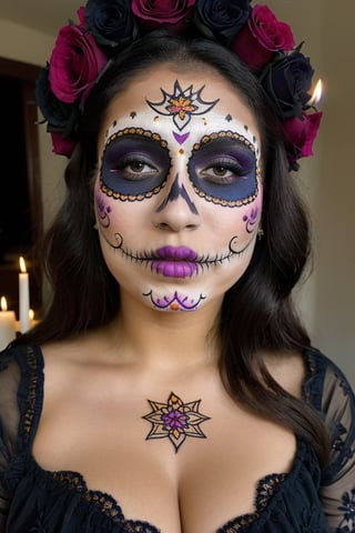 instagram photo, closeup face photo of 18 y.o Latina, traditional black mexican dress, embroidered flowers, Gigantic boobs, cleavage, pale skin, (smile:0.4), hard shadows, blue eyes, dark atmosphere, candle light, purple embroidered tunic on the head, (((Dia de Muertos makeup))), celebrating the dia de muertos,looking at the viewer, discreet smile, holding a candle