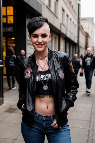 Charlotte Mitchell, 22 years old, Shaved head with small bangs, defiant look and rebellious smile. He wears a black Harrington jacket, a t-shirt with the logo of his favorite band, tight jeans, and Dr. Martens boots. She sports several metal necklaces, a fabric bracelet with the Skinhead movement logo, and a piercing in her nose. Adventurer, punk rock lover and defender of the working class. He enjoys going to concerts, singing loudly, and participating in left-wing political activities.,big boobs