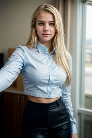 Sofia: 18yo, A business student, with blonde hair and blue eyes. She is ambitious and determined, but can also be cold and manipulative. She has trouble trusting others and can be very competitive. The protagonist is attracted to her confidence and determination, but also realizes that she can be difficult to get along with.,ffc selfie