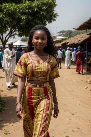 "a beautiful 19-year-old Yoruba girl in vibrant traditional clothing during a cultural festival in Nigeria. Set against a background of lush green landscapes with traditional Yoruba architecture and a bustling market."