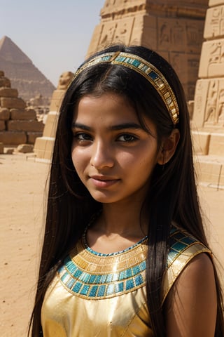 "It generates an image of a beautiful Egyptian girl, 12yo, ancient Egypt near the pyramids of Giza, dressed in traditional ancient Egyptian clothing, surrounded by hieroglyphics and the Nile River in the background."