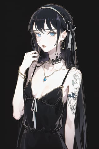 1girl, solo, jewelry, long hair, breasts, blue eyes, earrings, tattoo, parted lips, hair ribbon, dress, looking at viewer, ribbon, black background, black dress, black ribbon, bangs, necklace, small breasts, upper body, collarbone, hairband, choker,tattoo