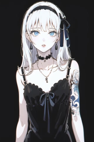 1girl, solo, jewelry, long hair, breasts, blue eyes, earrings, tattoo, parted lips, hair ribbon, dress, looking at viewer, ribbon, black background, black dress, black ribbon, bangs, necklace, small breasts, upper body, collarbone, hairband, choker,tattoo