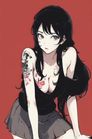 1girl, solo, tattoo, black hair, long hair, skirt, breasts, cleavage, looking at viewer, arm tattoo, simple background