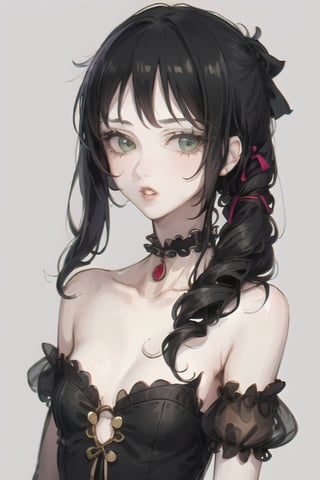 1girl, solo, green eyes, bare shoulders, parted lips, black hair, ribbon, upper body, choker, looking at viewer, drill hair, collarbone, black ribbon, simple background, bangs, frills, grey background, bow