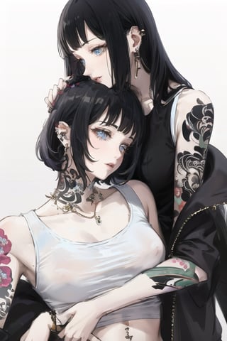 black hair, long hair, piercing, short hair, 2girls, ear piercing, multiple girls, jewelry, tattoo, earrings, navel, navel piercing, simple background, 1boy, bangs, tank top, white tank top, lip piercing, blunt bangs, 1girl, underwear,tattoo