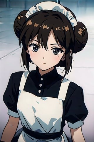 1girll, maidennurse,  brunette color hair, mature, aprons, maid headdress, Single bun, black eye, hair-bun, looking at viewert, maid apronl,narberal_gamma, A high resolution, tack sharp focus, Pixiv masterpiece, （（Complicated details））, The is very detailed,1990s \(style\)