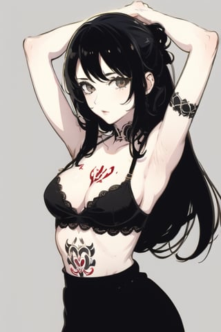 1girl, solo, tattoo, black hair, long hair, skirt, breasts, cleavage, looking at viewer, arm tattoo, simple background