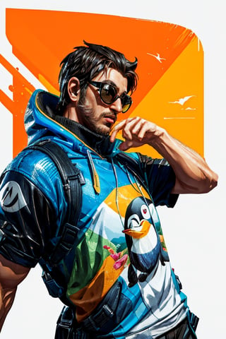 (masterpiece:1.2, best quality), A detailed illustration penguin character wearing trendy colorful sunglasses, orange juice splash, sliding, t-shirt design, 3D vector art, cute, fantasy art, bright color, latexskin, close-up, white background, low-poly, soft lighting, bird's-eye view, isometric style, retro aesthetic, focused on the character, 4K resolution, photorealistic rendering, using Cinema 4D