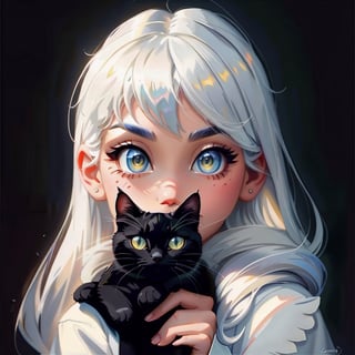 1girl(white hair), 1cat, black cat, 
serious atmosphere, 
 disney style, most beautiful artwork in the world, professional majestic oil painting, trending on ArtStation, trending on CGSociety, Intricate, High Detail, Sharp focus, sharp image,hd, realistic reflects,dramatic, photorealistic painting art, catoonized, pinterest,xyzsanart01,veronica, cinematic, fantasy art