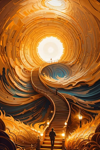 Fantastic atmosphere, a man climbing endless stairs, huge entrance, shining like the sun,
 disney style, most beautiful artwork in the world, professional majestic oil painting, trending on ArtStation, trending on CGSociety, Intricate, High Detail, Sharp focus, sharp image,hd, realistic reflects,dramatic, photorealistic painting art, catoonized, pinterest,xyzsanart01